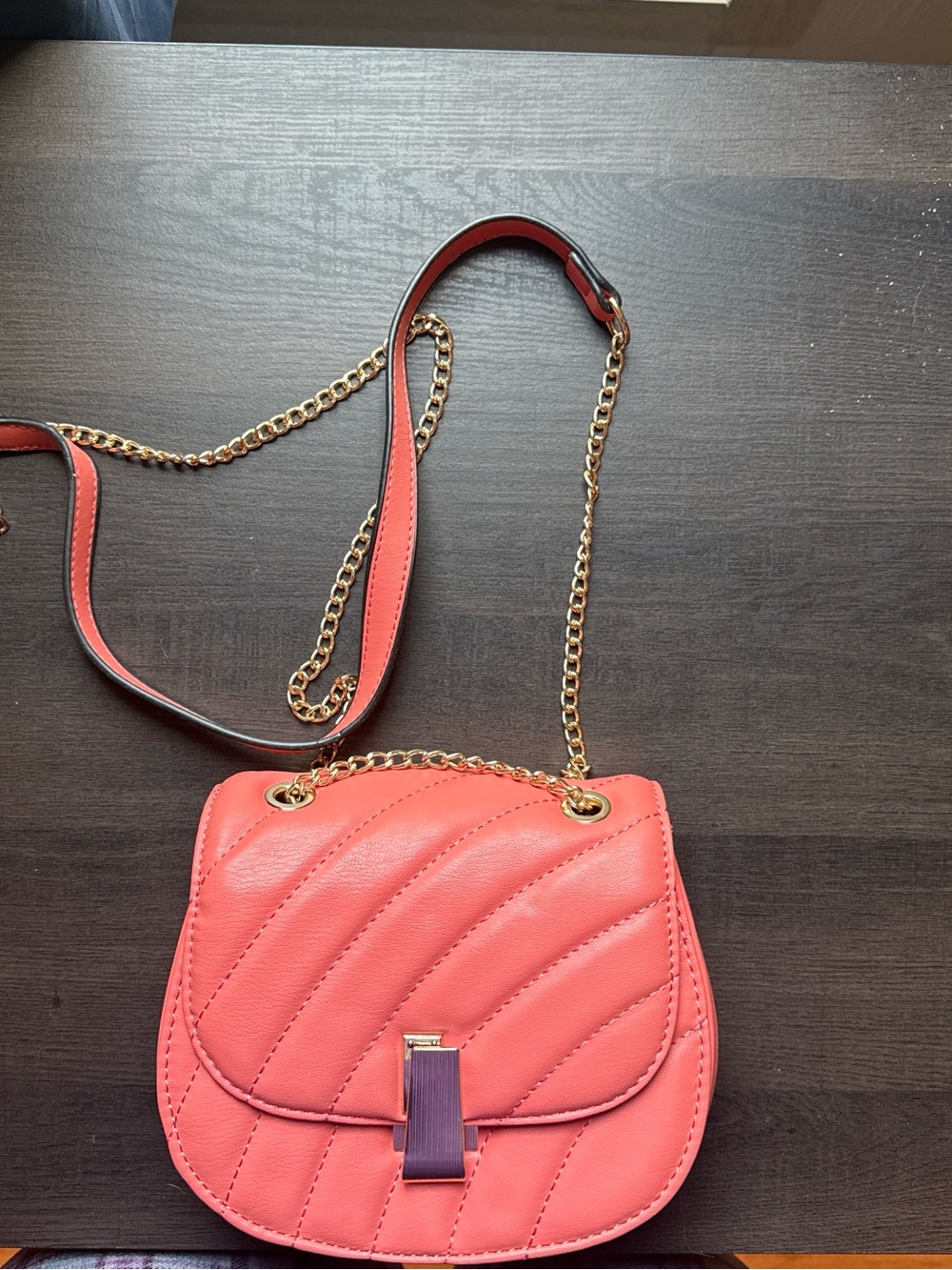 Coral Quilted Crossbody Bag with Gold Chain Strap